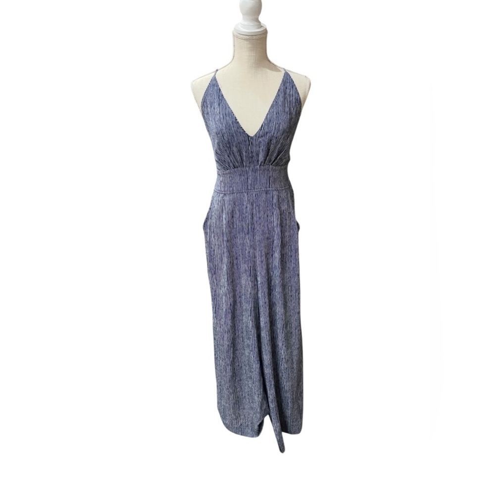 KLd Blue White Sleeveless V-Neck Wide Leg  Backless Jumpsuit Women’s Size L